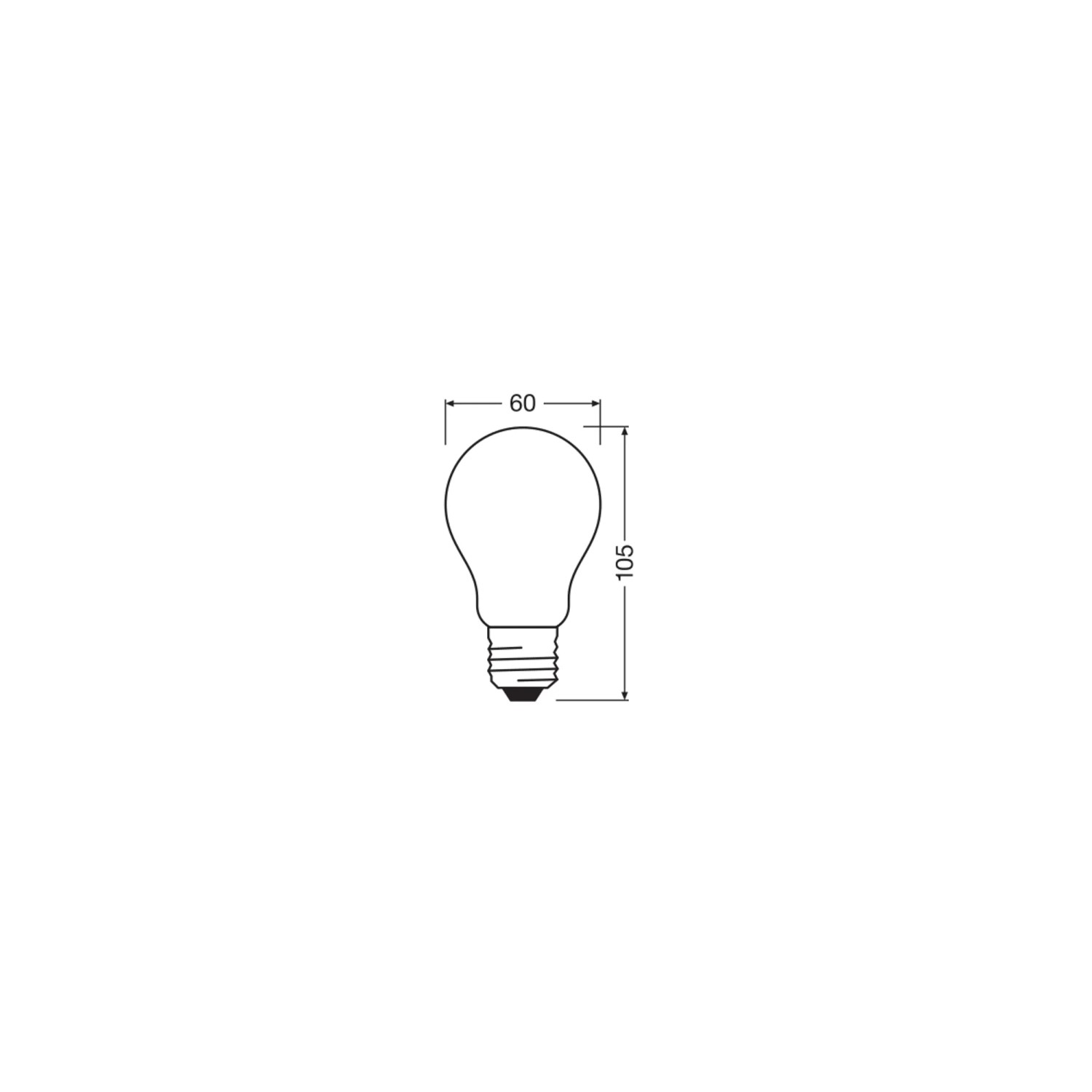Schizzo: Lampada LED Osram E27, A100, opaca, 7.2W, 2700K, dimensioni: 10,5cm x Ø 6cm.