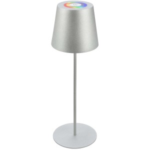 Lampada da tavolo LED argentata con cambio colore per illuminazione d'atmosfera.
