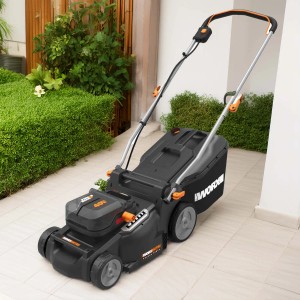 Tagliaerba a batteria Worx WG737E Nitro 40V con sacco di raccolta in giardino.