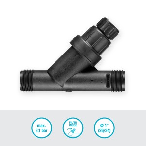 Riduttore di pressione Gardena per sistemi di irrigazione, bilancia le fluttuazioni di pressione, con filtro.