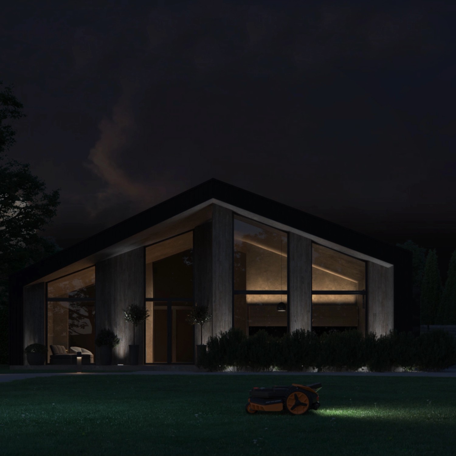 Robot rasaerba Worx Landroid Vision con faro LED Fiatlux in uso di notte.