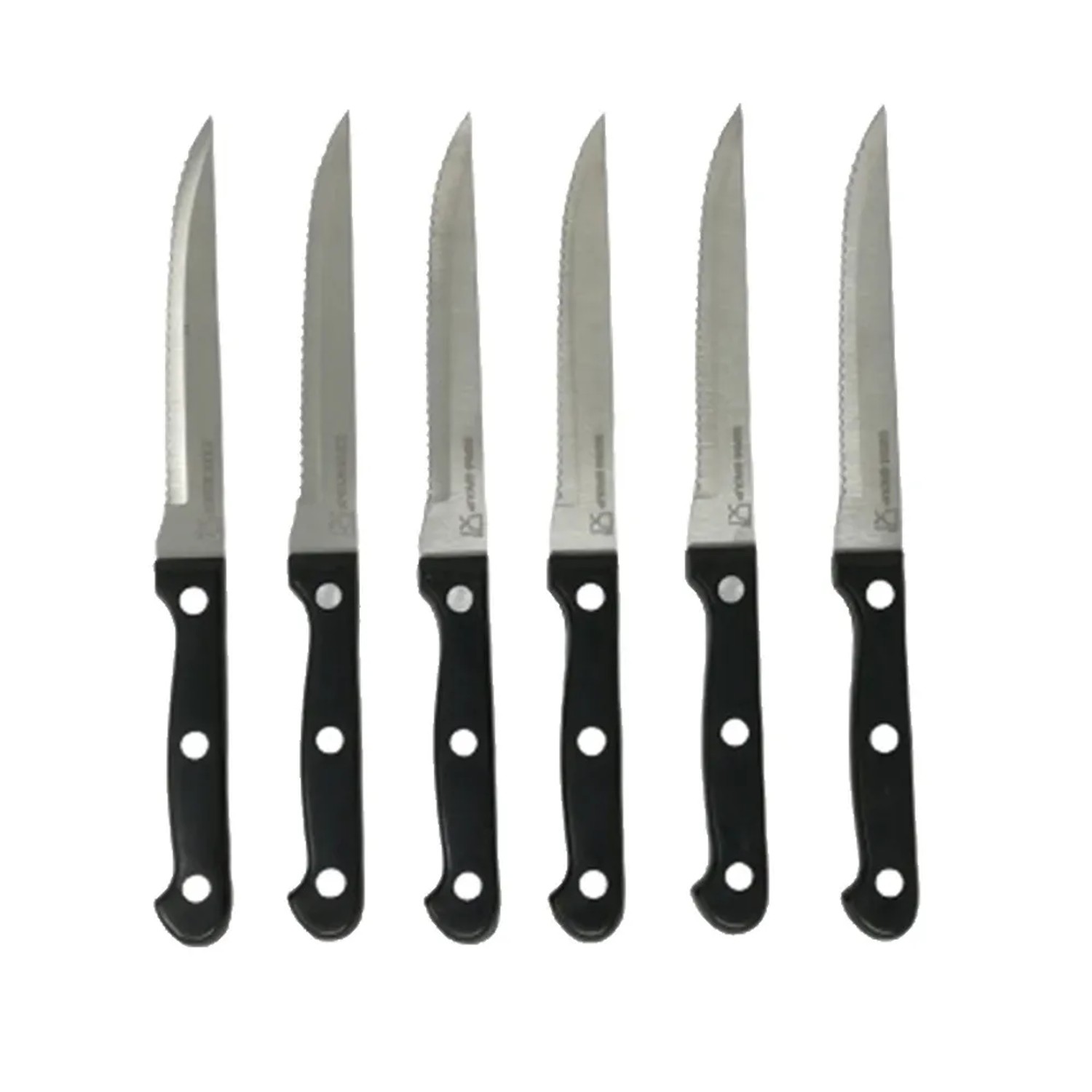 Set di 6 coltelli da bistecca con bordo seghettato e manici neri per la tavola da pranzo.
