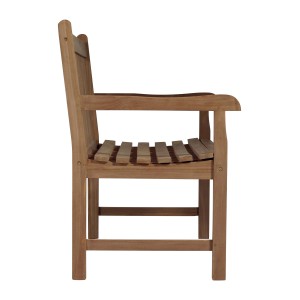 Panca in legno t.b.t., vista laterale. Panchina da giardino con bracciolo e seduta a listelli.