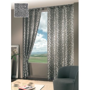Tenda in tessuto t.b.t. grigia decorativa con motivo floreale per finestre.