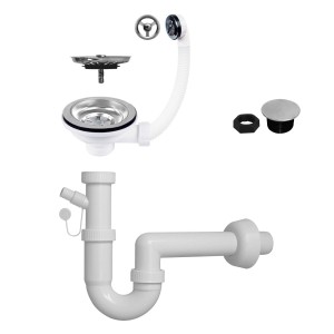 Sifone per lavabo, raccordo di scarico e accessori, bianco e color argento.