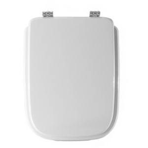 Sedile WC t.b.t. bianco con cerniere cromate, vista dall'alto.