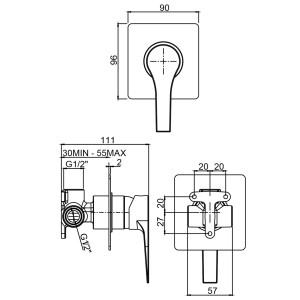 Disegno tecnico: Rubinetto doccia t.b.t. con dimensioni.