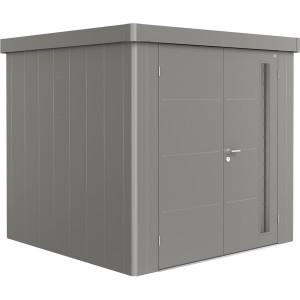 Casetta da giardino Biohort Neo 2B con doppia porta in grigio quarzo metallizzato. Design moderno per il tuo giardino.