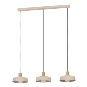 Lampada a sospensione beige con tre lampade dal design moderno per interni.