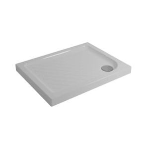 Piatto doccia rettangolare bianco con scarico.