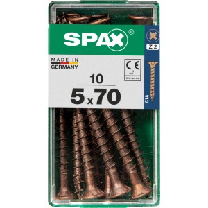 Viti per legno SPAX 5x70 mm, marroni, in contenitore di plastica trasparente.