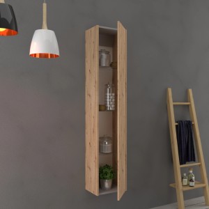 Mobile bagno sospeso verticale effetto legno con ripiani aperti per accessori.