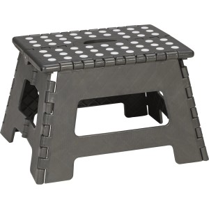 Sgabello pieghevole antracite con pois bianchi e maniglia. Ideale per casa, giardino e garage.