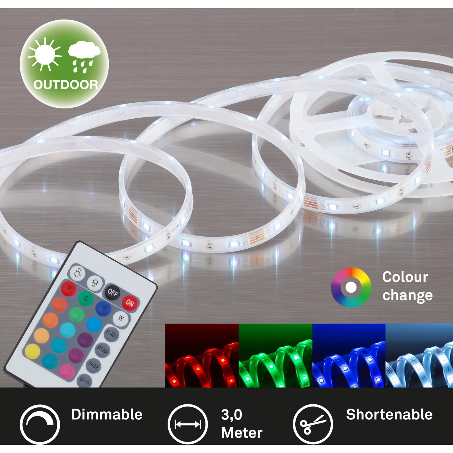 Flexband LED da esterno 3 m con telecomando per cambio colore, dimmerabile e accorciabile.