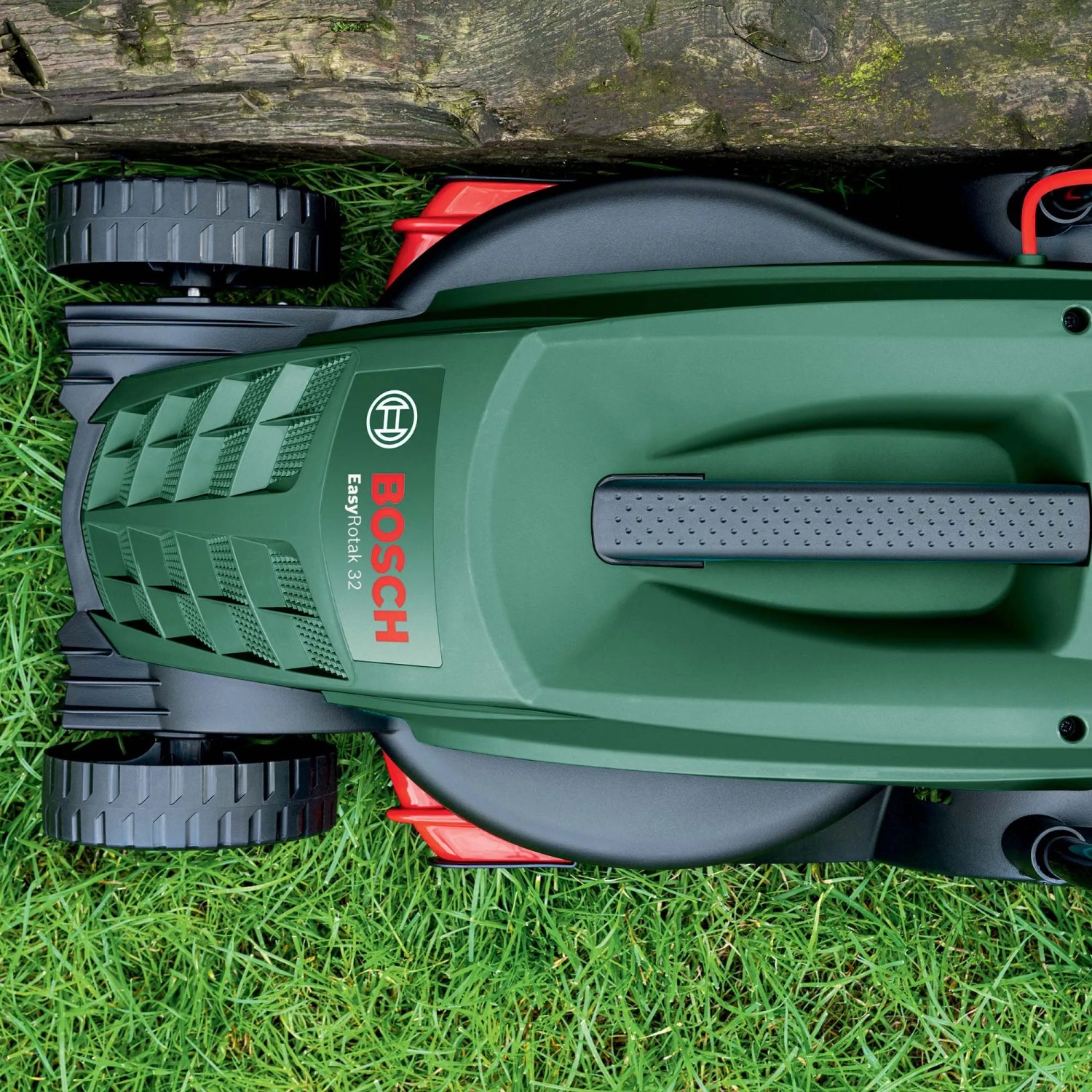 Tosaerba elettrico Bosch Easy Rotak 32-215, vista dall'alto verde su erba.