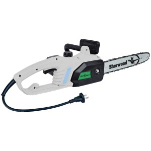 Motosega elettrica con corpo grigio-bianco e cavo nero.