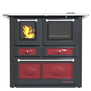 Stufa a legna t.b.t. con piano cottura e forno in antracite e rosso.