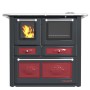 Stufa a legna t.b.t. con piano cottura e forno in antracite e rosso.