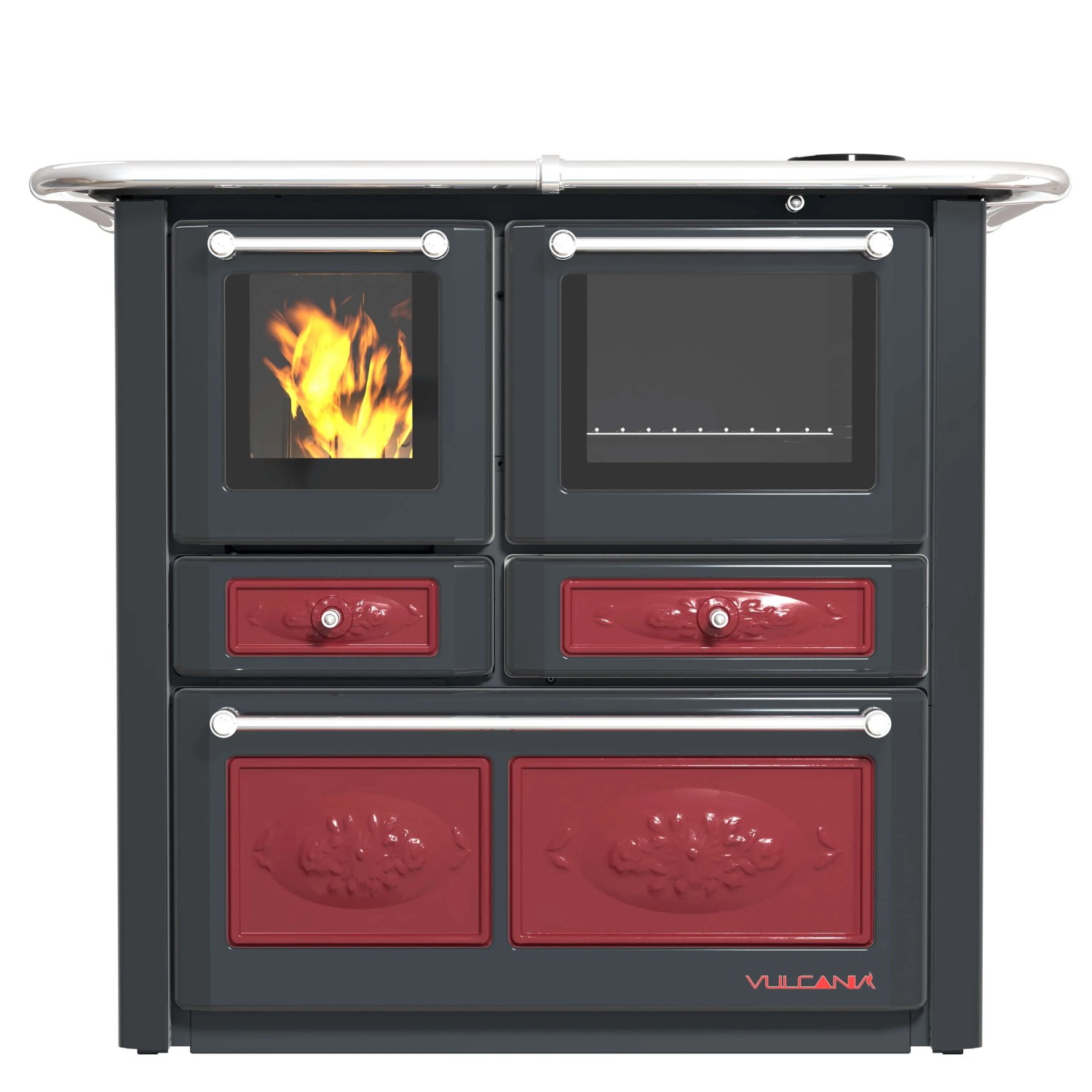 Stufa a legna t.b.t. con piano cottura e forno in antracite e rosso.