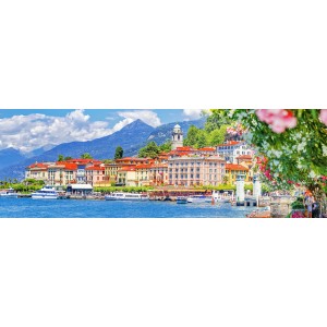 Quadri: Panorama di città sul lago con montagne sullo sfondo.