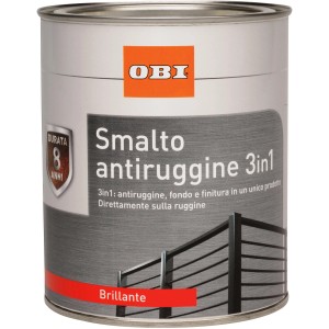Barattolo di smalto antiruggine OBI 3in1, brillante. Protezione, fondo e finitura in un unico prodotto.