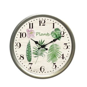 Orologio da parete rotondo con motivi di piante e cornice argentata. Orologio decorativo per la casa.