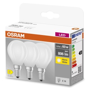 Confezione lampadine LED E14 Osram, set da 3, bianco caldo, 5.5W. A risparmio energetico e di lunga durata.