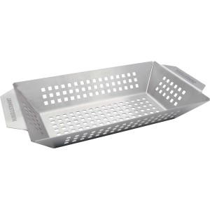 Padella rettangolare per barbecue Jamestown in acciaio inox con pareti laterali forate.