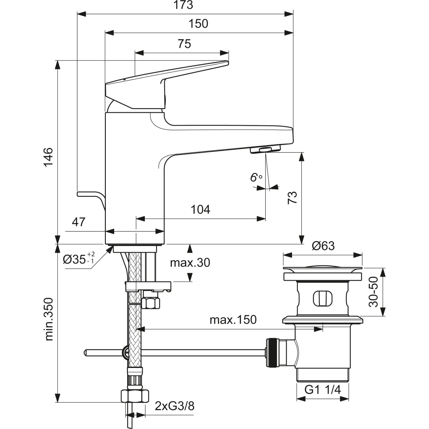 Disegno tecnico: Miscelatore lavabo Ideal Standard Ceraplan cromato H75 con dimensioni.