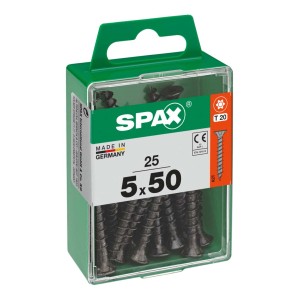 Viti universali Spax, 5x50 mm, zincate, nere, 25 pezzi in scatola verde.