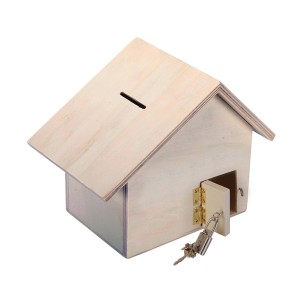 Salvadanaio a forma di casetta in legno con serratura e chiave. Accessori per artisti.