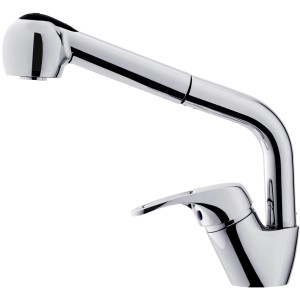 Miscelatore monocomando t.b.t. con doccetta estraibile, cromato per cucina o bagno.