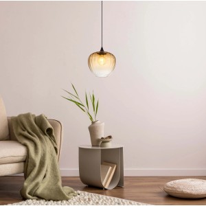 Lampada a sospensione t.b.t. in vetro ambrato, design moderno per interni.