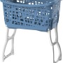 Cesto portabiancheria blu con gambe bianche. Pratico cesto per il bagno.