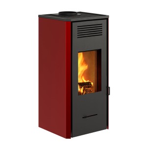 Stufa a legna rosso-nera. Design compatto per un calore accogliente.
