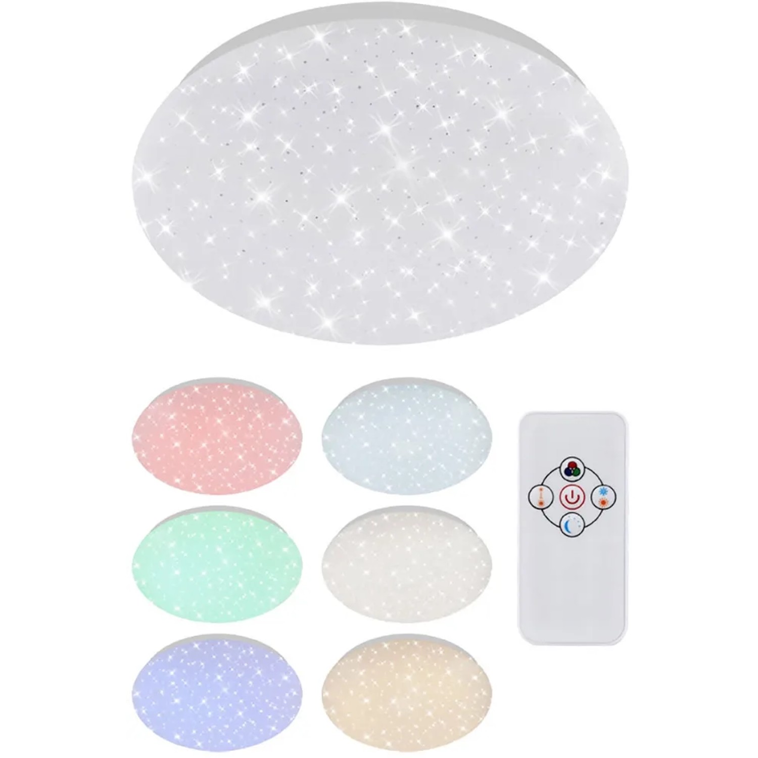 Plafoniera LED Brilo Monn con decoro a stella, dimmerabile con telecomando, RGB+W, bianca.