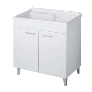Mobile lavatoio bianco con vasca per lavanderia o bagno.