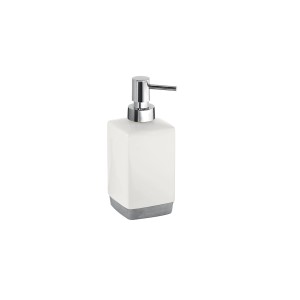 Dispenser sapone t.b.t., bianco/grigio, con erogatore cromato.