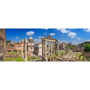 Decorazione murale: Panorama del Foro Romano a Roma con colonne e rovine sotto un cielo blu.