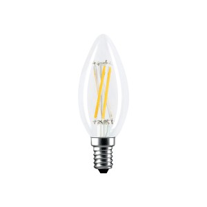 Lampadina LED E14 trasparente a forma di goccia con filamenti visibili.