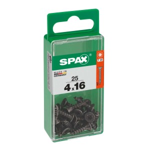 Viti universali Spax, 4x16 mm, zincate, nere, 25 pezzi in contenitore di plastica verde.