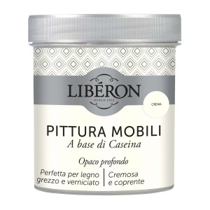 Smalto per mobili color crema di Liberon in un secchio di metallo. Ideale per dipingere mobili.