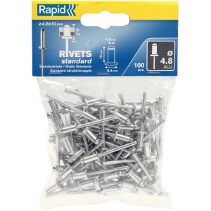 Confezione di rivetti standard, 4.8x10mm, in alluminio, per rivettatrici.