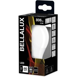 Lampadina LED Bellalux E27, 8.5W, forma a bulbo, bianco caldo, nella confezione del prodotto.