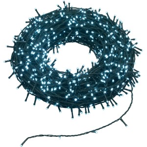 Catena luminosa da esterno arrotolata con molte piccole luci LED bianche.