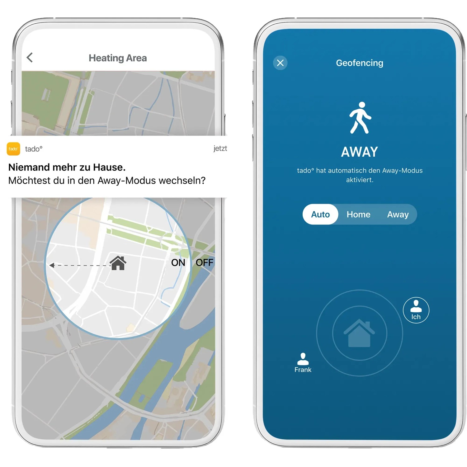 tado° Termostato Smart: Screenshot dell'app con funzione di geofencing nel set Smart Home.