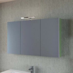 Mobile bagno grigio a specchio con tre ante e illuminazione.