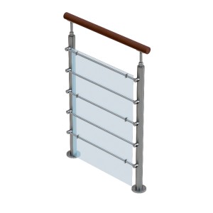 Ringhiera con corrimano in legno, montanti in acciaio inox e pannello in vetro per scale e balconi.
