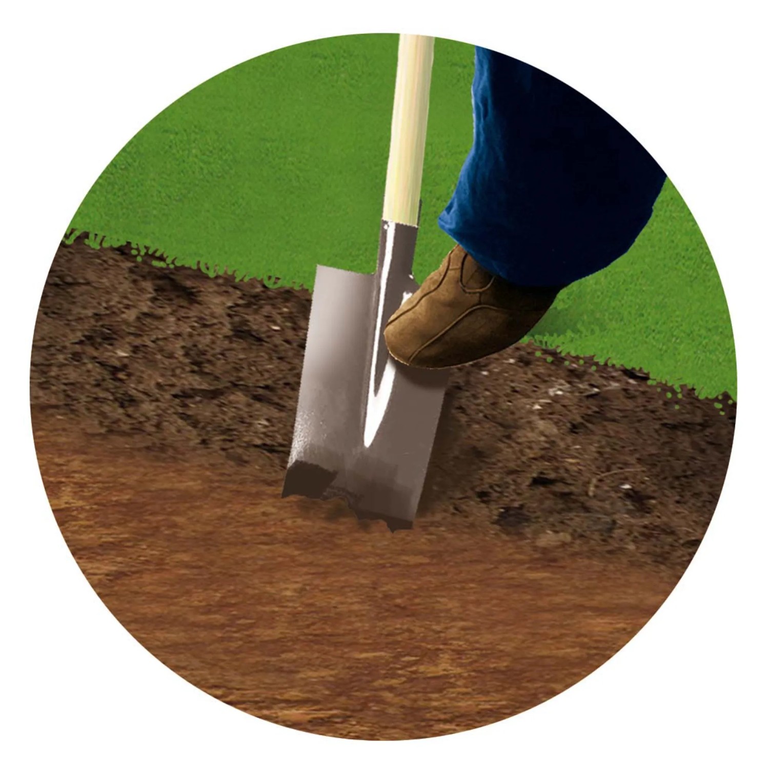 Pala che scava nel terreno, piede sulla lama. Giardinaggio o lavori edili.