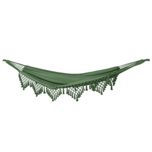 Amaca verde con frange decorative. Puro relax in giardino o sulla terrazza.